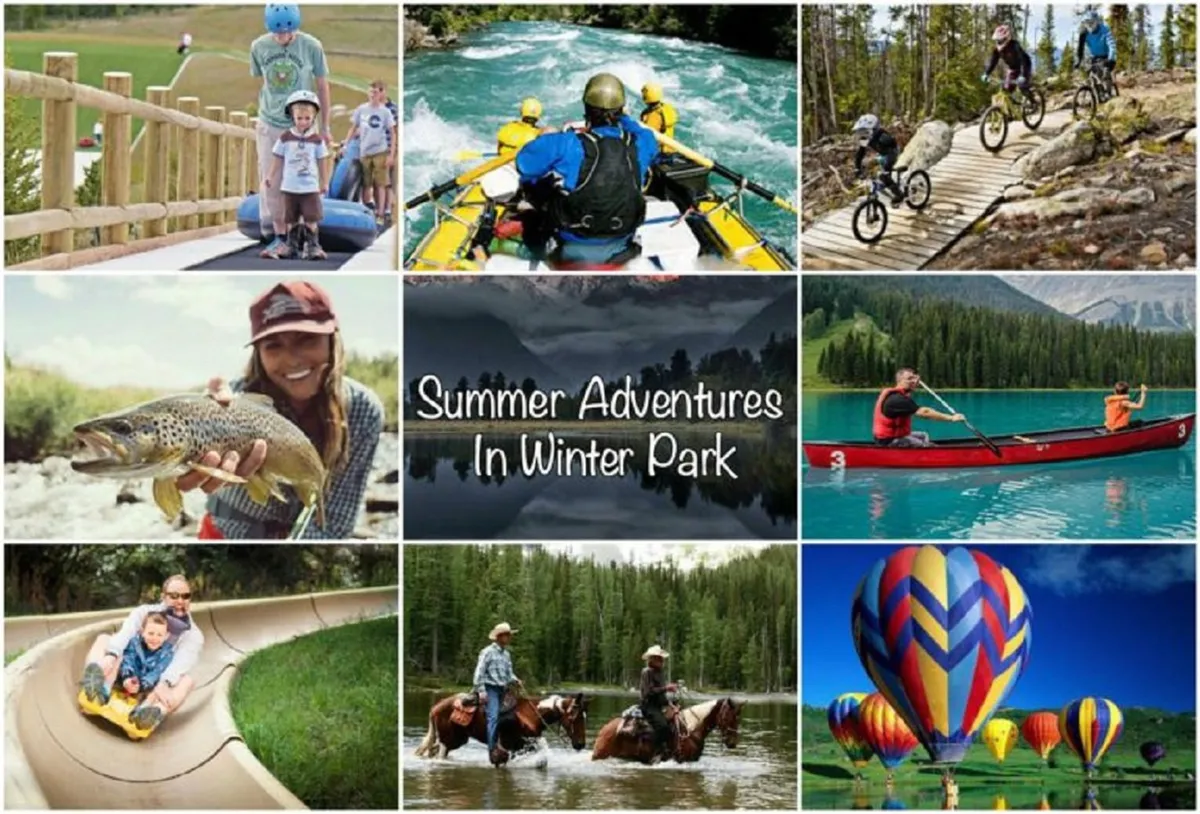 A dynamic scene with families participating in activities like rafting, biking, fishing, horseback riding, and hot air ballooning, set against a scenic outdoor backdrop. The image captures the joy of shared adventures and the natural beauty of the mountain environment.