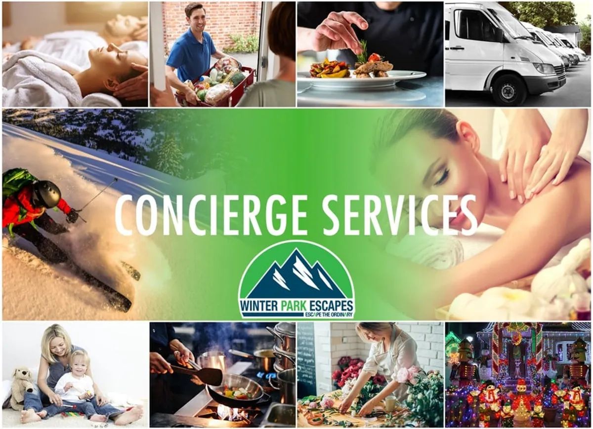 A collage-style image featuring ‘concierge services’ text and a variety of service images, including spa treatments, gourmet meals, ski adventures, and family activities, all branded with the Winter Park Escapes logo. The visuals communicate a range of luxury services and exclusive perks.