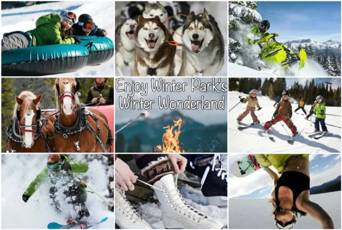 A lively winter landscape featuring snow tubing, dog sledding, snowmobiling, horse-drawn sleigh rides, skiing, snowboarding, and children playing in the snow. The image is full of action and joy, with snow-covered trees and a festive winter atmosphere.