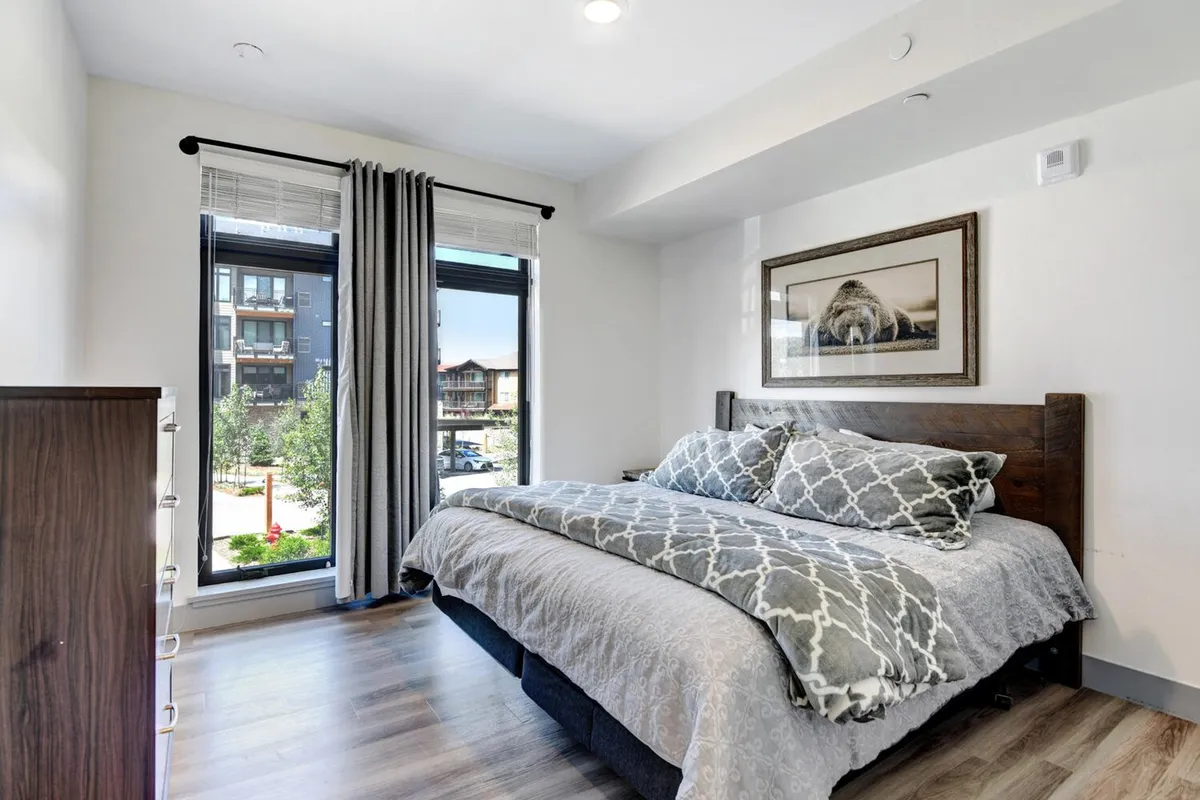 A sunlit bedroom featuring a king-sized bed with patterned luxury bedding, large windows letting in ample natural light, and a framed artwork of a bear above the headboard. The space feels serene and uncluttered, ideal for restful relaxation.