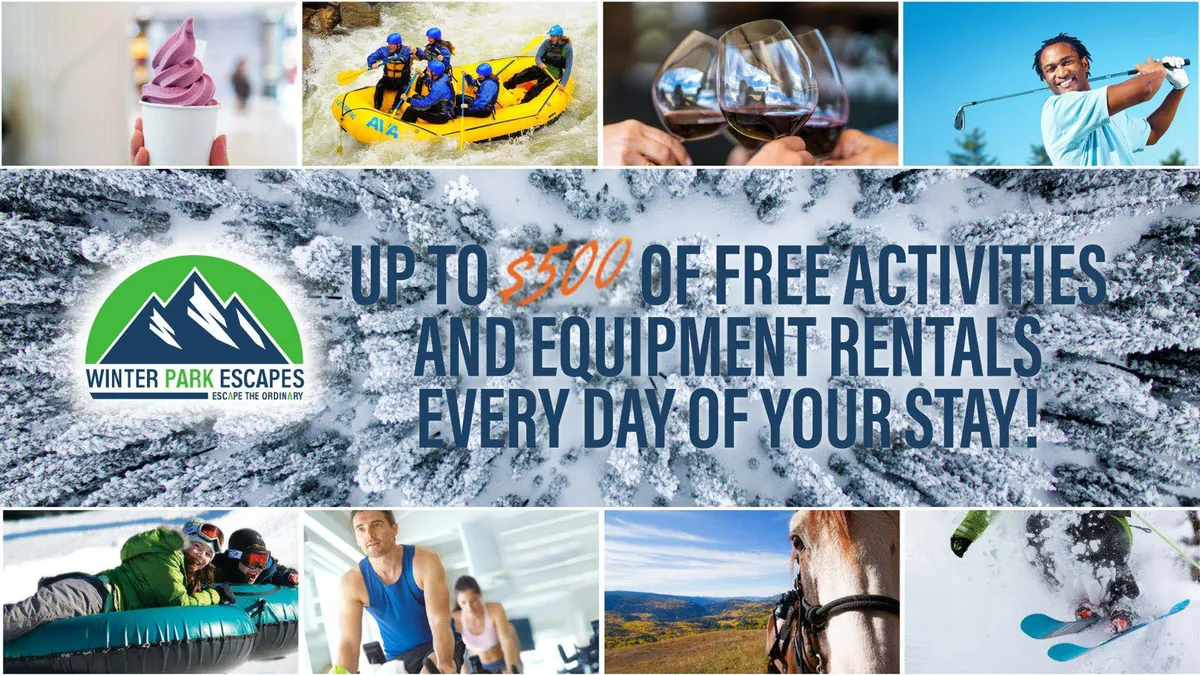 A vibrant exterior scene showcasing a variety of outdoor activities including white-water rafting, skiing, golfing, horseback riding, wine tasting, enjoying ice cream, and snow tubing. The image captures participants actively engaging in these adventures, with dynamic movement and joyful expressions conveying a sense of excitement and variety.